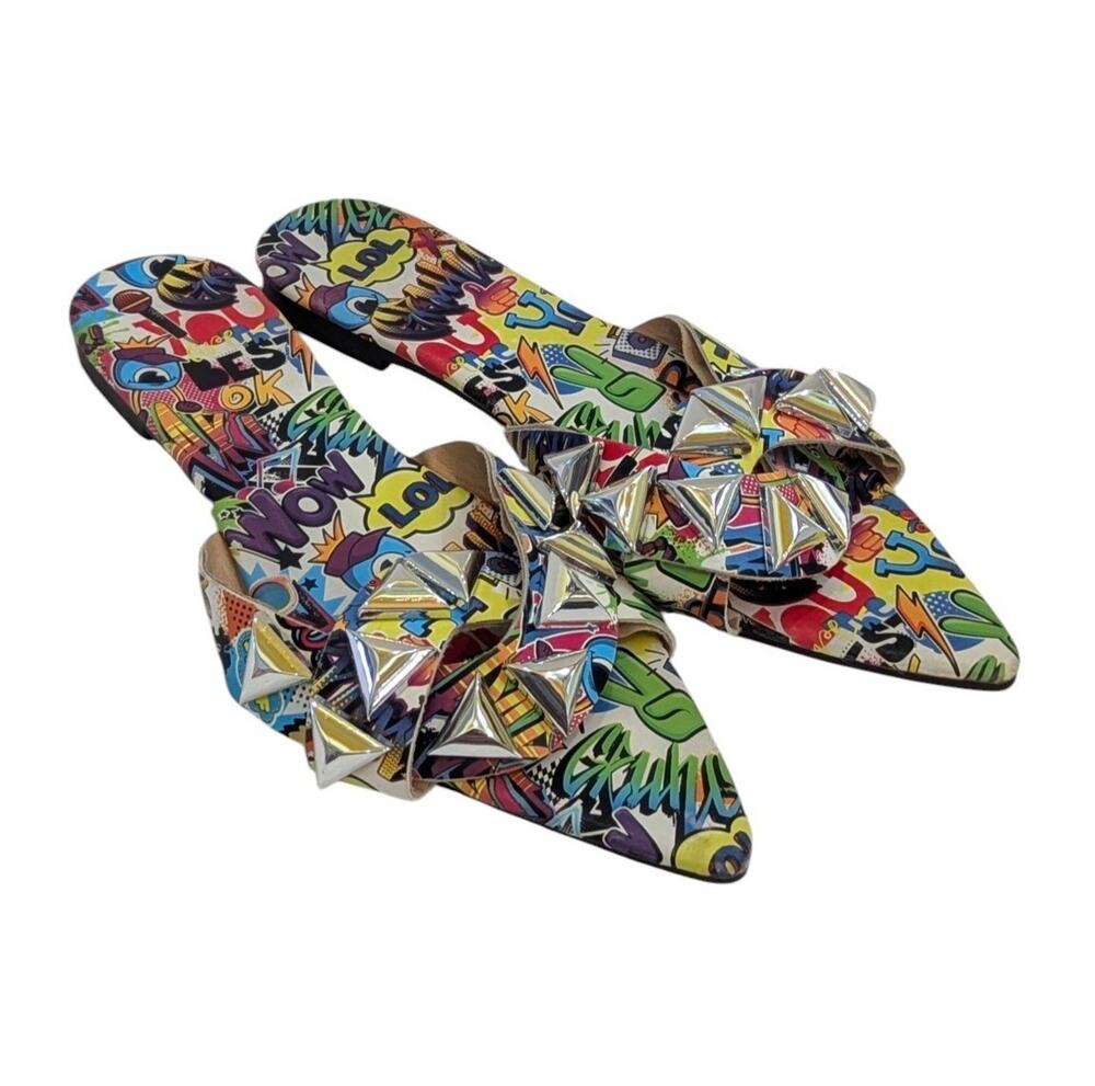 Cape Ribbon Comic Print Pointed Toe Studded Slide Sandals Women's Size 43EU 11.5